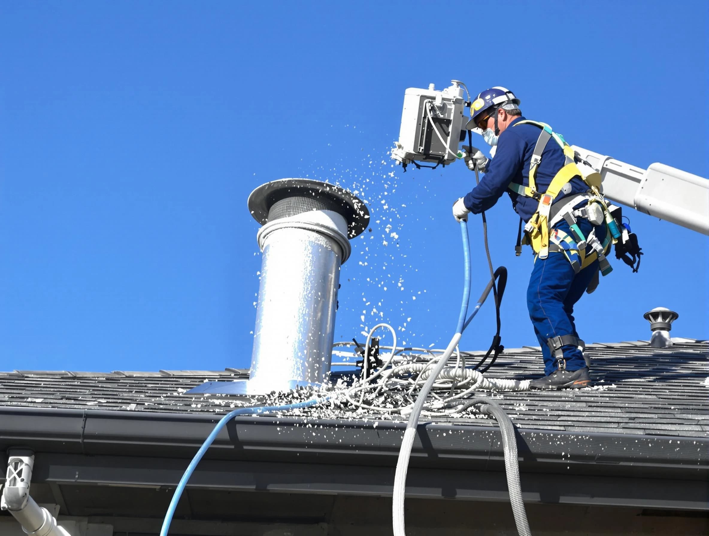 Hempfield Dryer Vent Cleaning certified technician safely cleaning a roof-mounted dryer vent in Hempfield