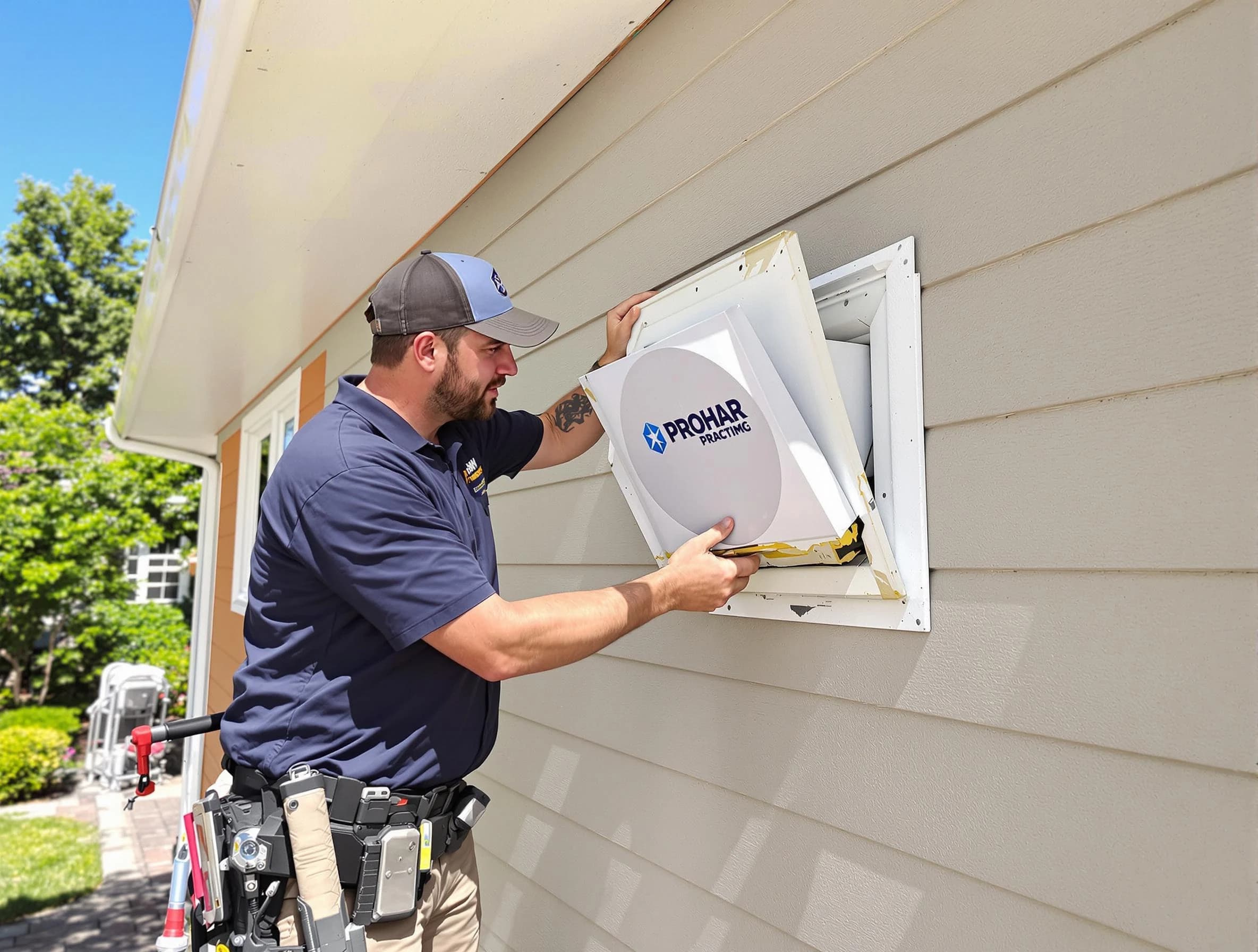 Hempfield Dryer Vent Cleaning technician installing a new protective dryer vent cover on a home in Hempfield