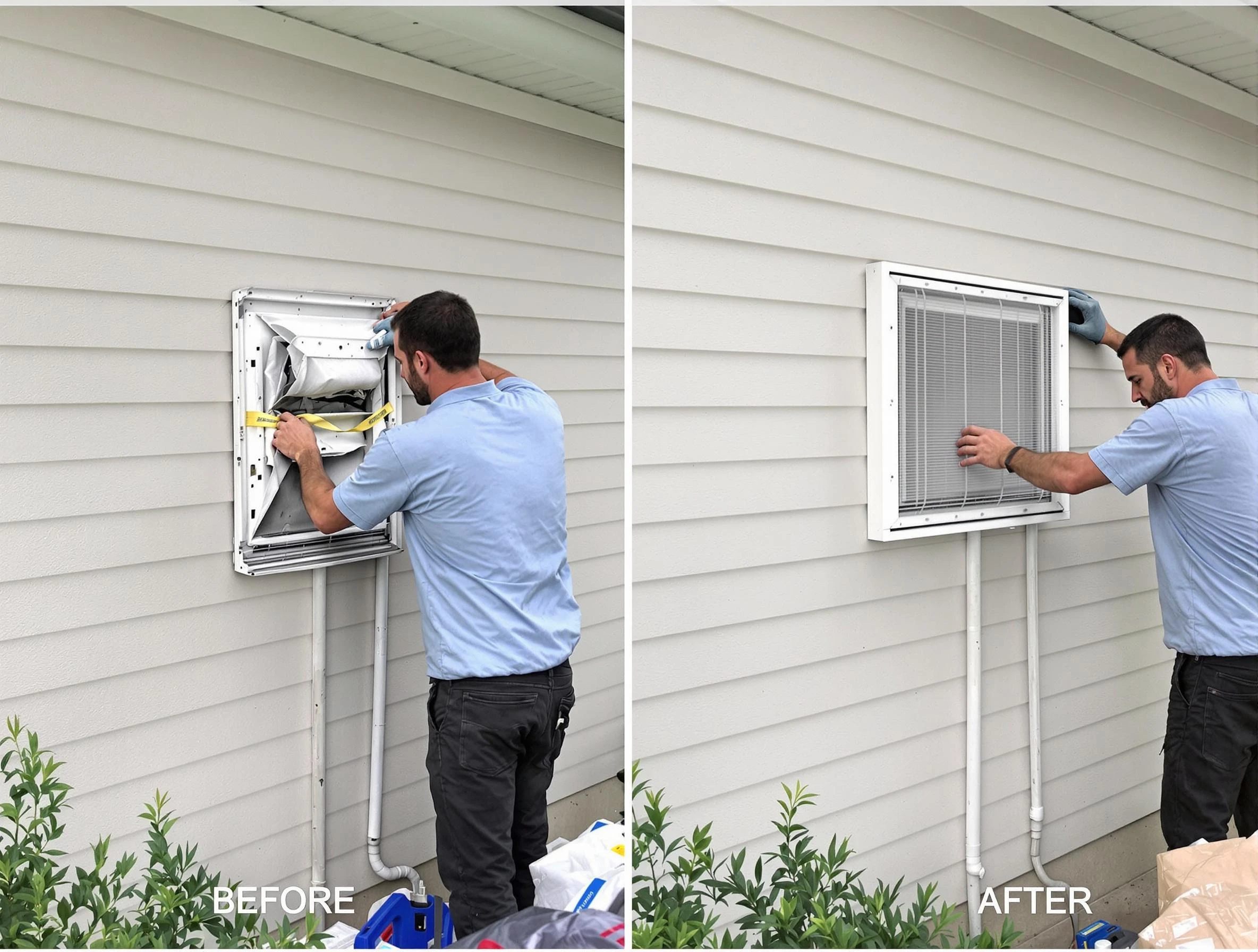 Hempfield Dryer Vent Cleaning technician installing high-quality dryer vent cover at a residential property in Hempfield